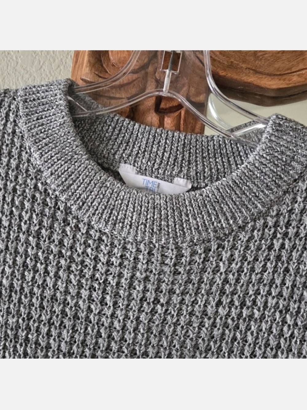 Waffle Knit Gray Crewneck Women's Sweater - Picture 3 of 5